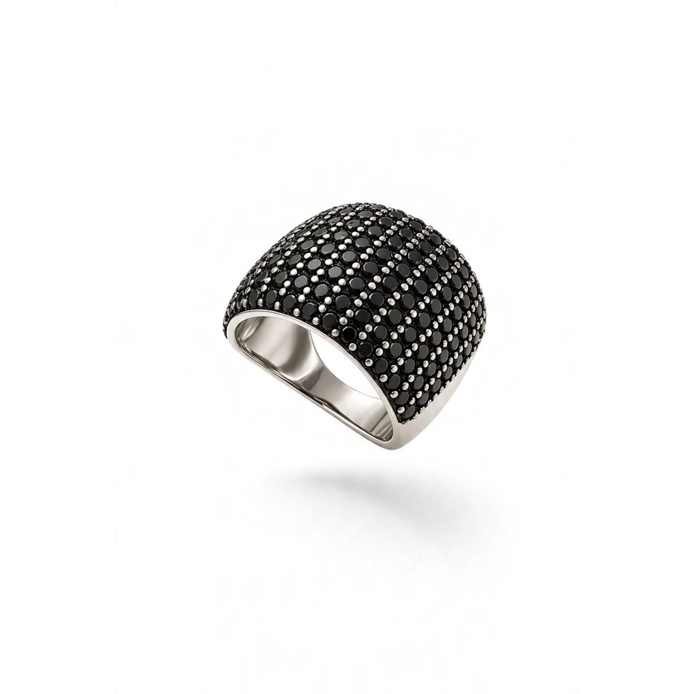 Sterling Silver Black Spinel Pave Dome Statement Ring Size 6.75 Wide Band 925